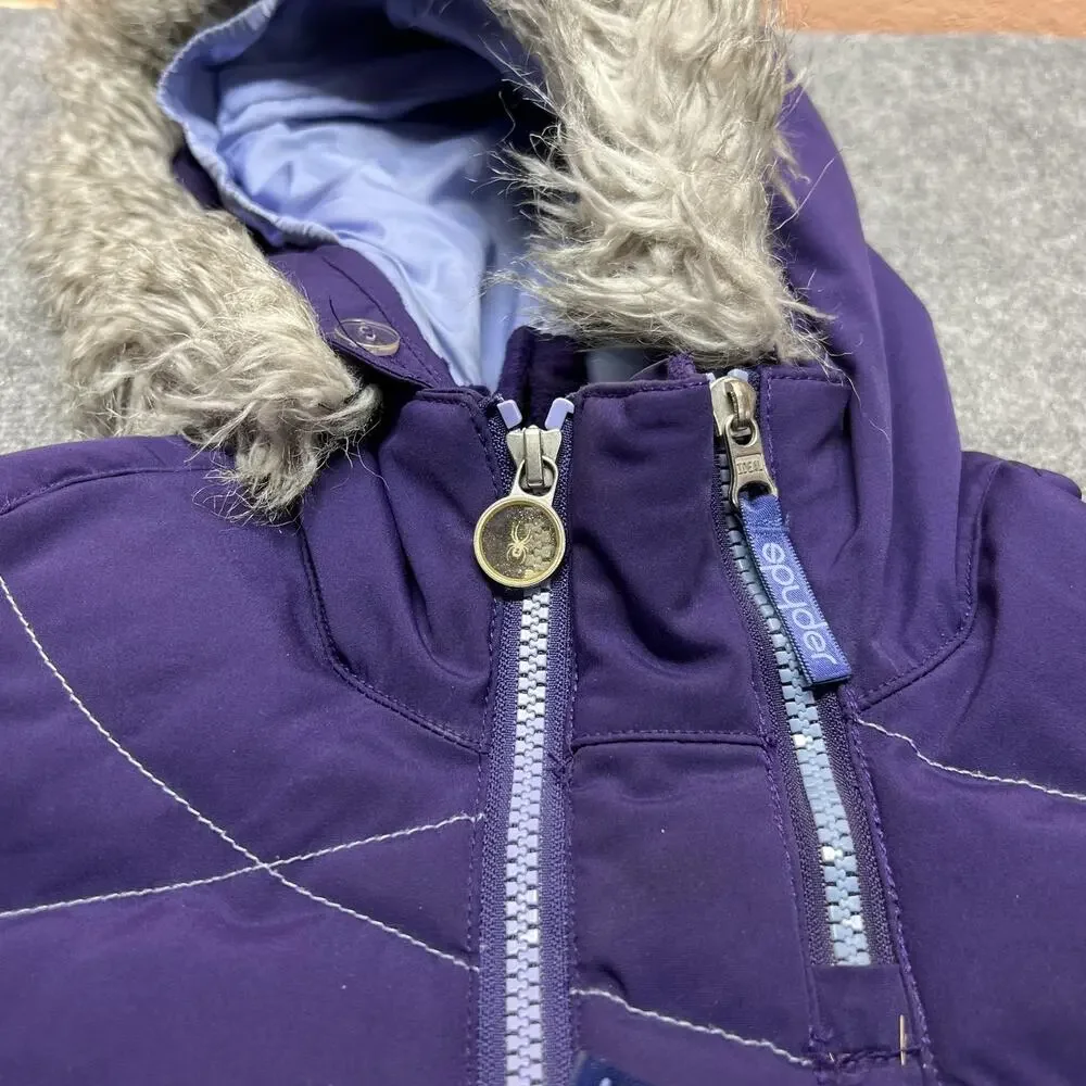 Spyder Ski Jacket Girls 14 Purple Hooded Puffer Insulated Faux Fur Winter Coat